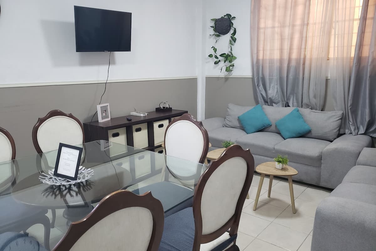 A modern living room with a glass dining table, wooden chairs, a grey sofa with blue cushions, a mounted TV, and a decorative plant.