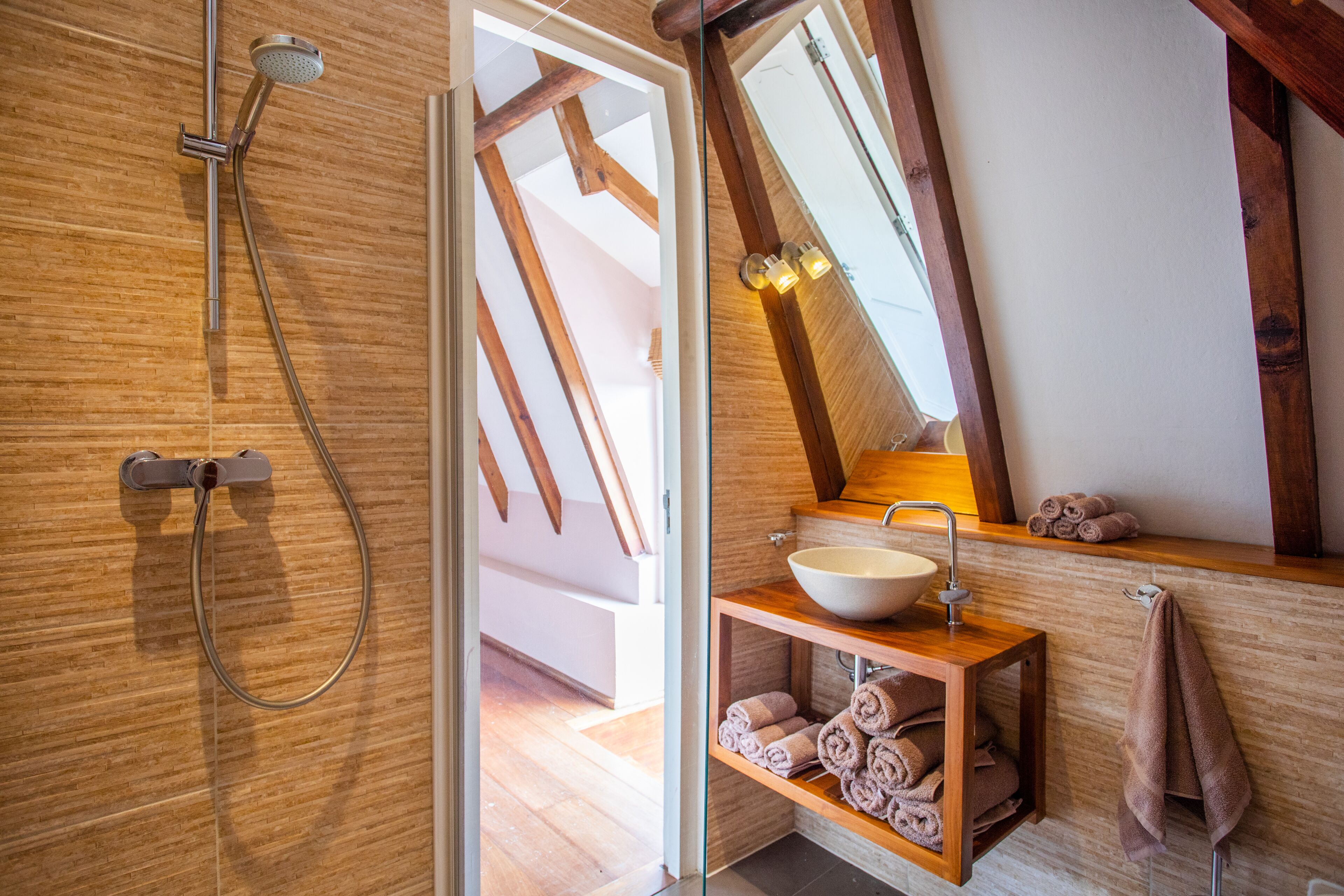 Habitación estándar doble | Baño | Ducha, artículos de higiene personal gratuitos y secador de pelo