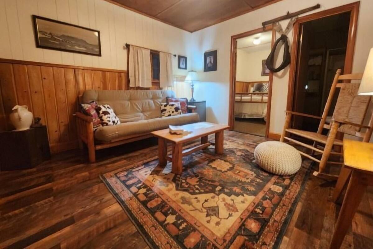 Un accogliente soggiorno con pavimento in legno, un divano, un tavolino da caffè e un tappeto.