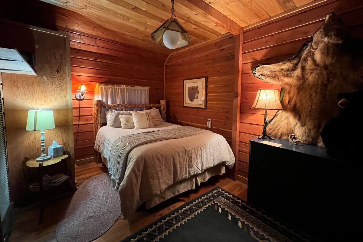 Accogliente camera da rifugio in legno con un letto, un comodino, una lampada e una decorazione con testa di orso.