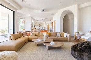 Smart TV, fireplace, books