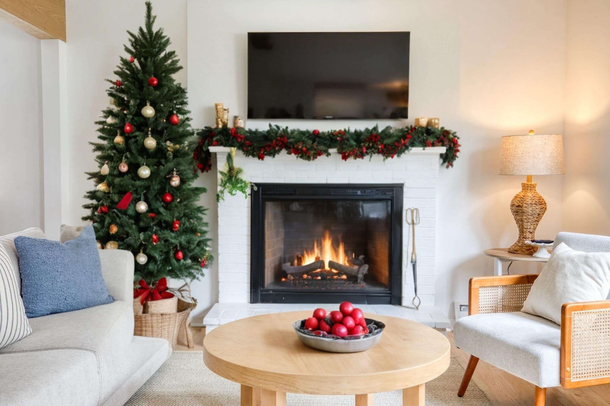 TV, fireplace, books