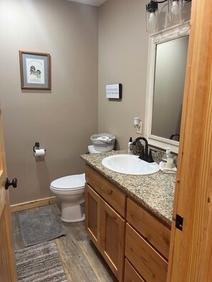 Een badkamer met een wit toilet, een wastafel met granieten blad, houten kastjes, een spiegel, een ingelijste foto aan de muur en een bordje met de tekst 'Hey Diddle Diddle Aim for the Middle'.