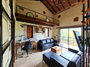 Televisión, chimenea, libros y estéreo 