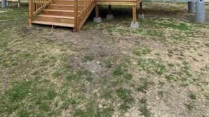 Ein transportables Gebäude mit einer Holztreppe, die zu einer Tür führt, umgeben von Gras.