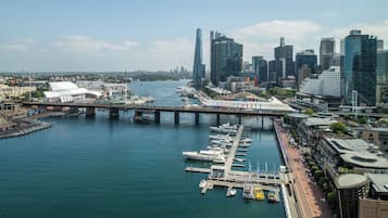 Un puerto deportivo con barcos amarrados, un puente y el perfil de una ciudad al fondo.