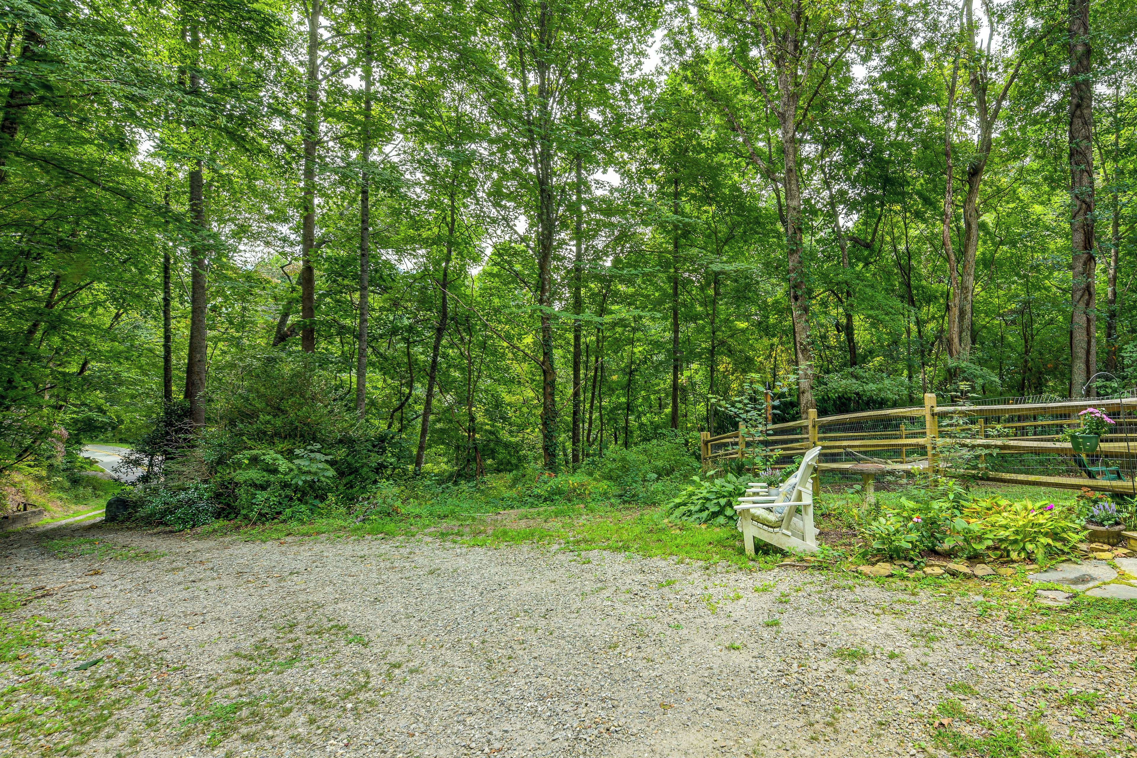 Un chemin de gravier qui mène à une zone boisée, avec un banc en bois et une clôture.
