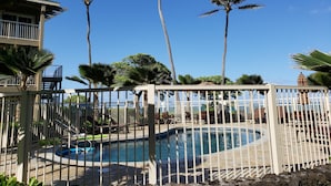 Un espace piscine doté d’une terrasse entourée d’une clôture, de chaises longues et de palmiers.
