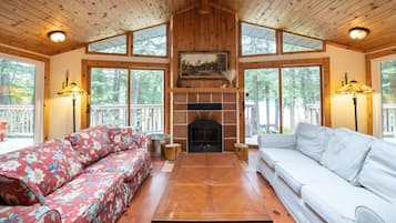 Smart TV, fireplace, books