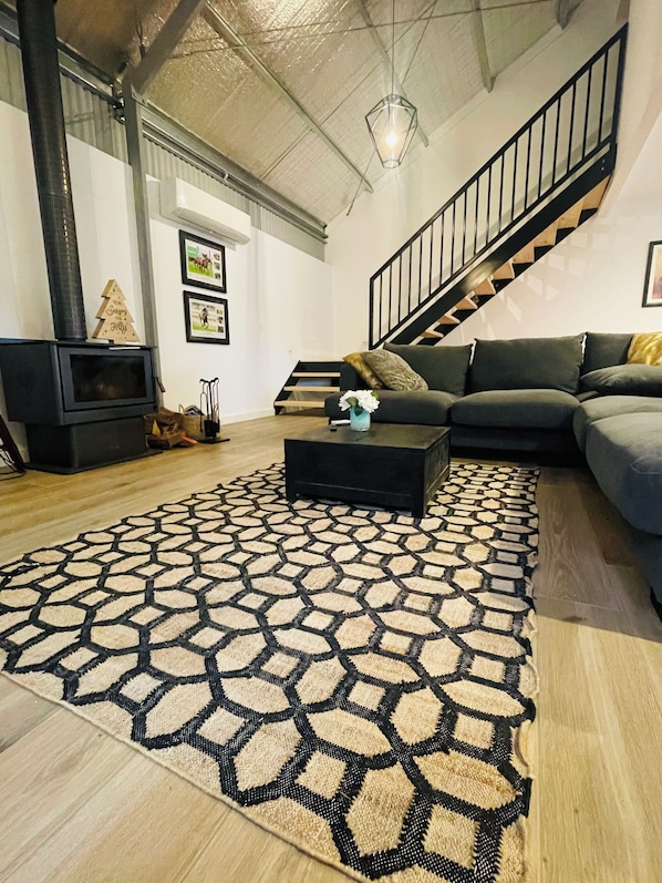 Smart TV, fireplace, books