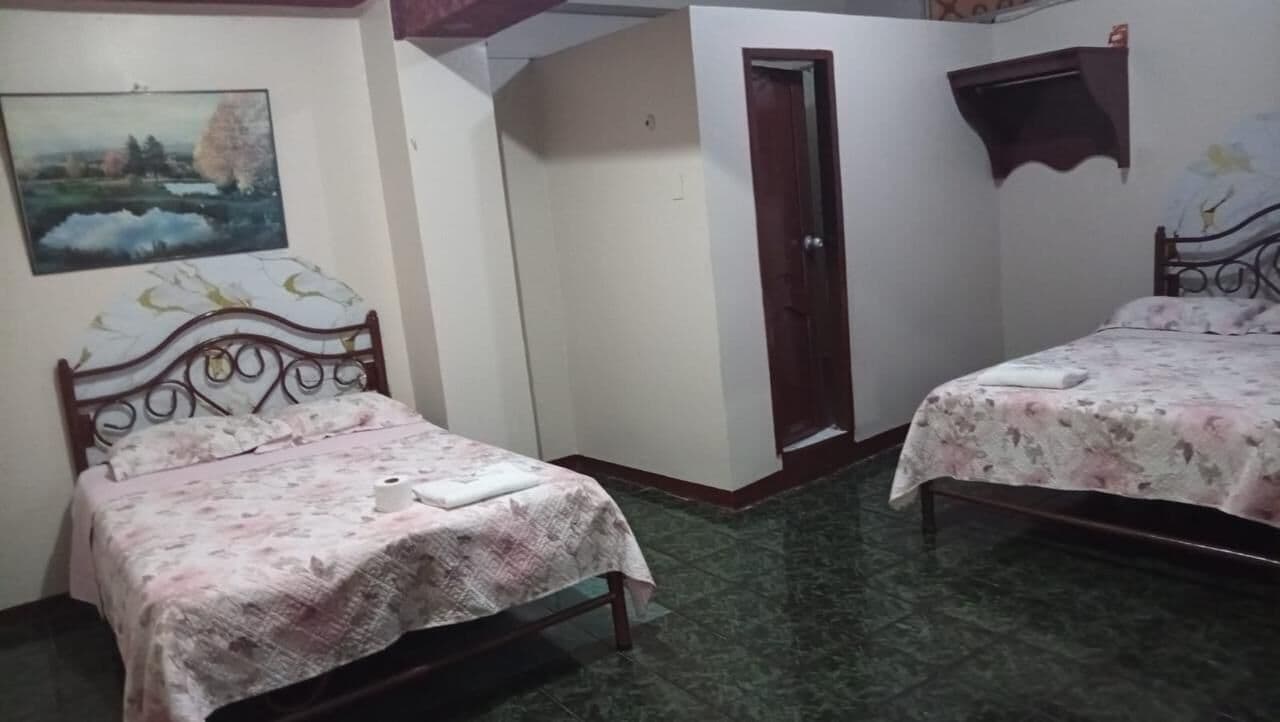 A room with two beds, a door, a wall-mounted shelf, and a painting.