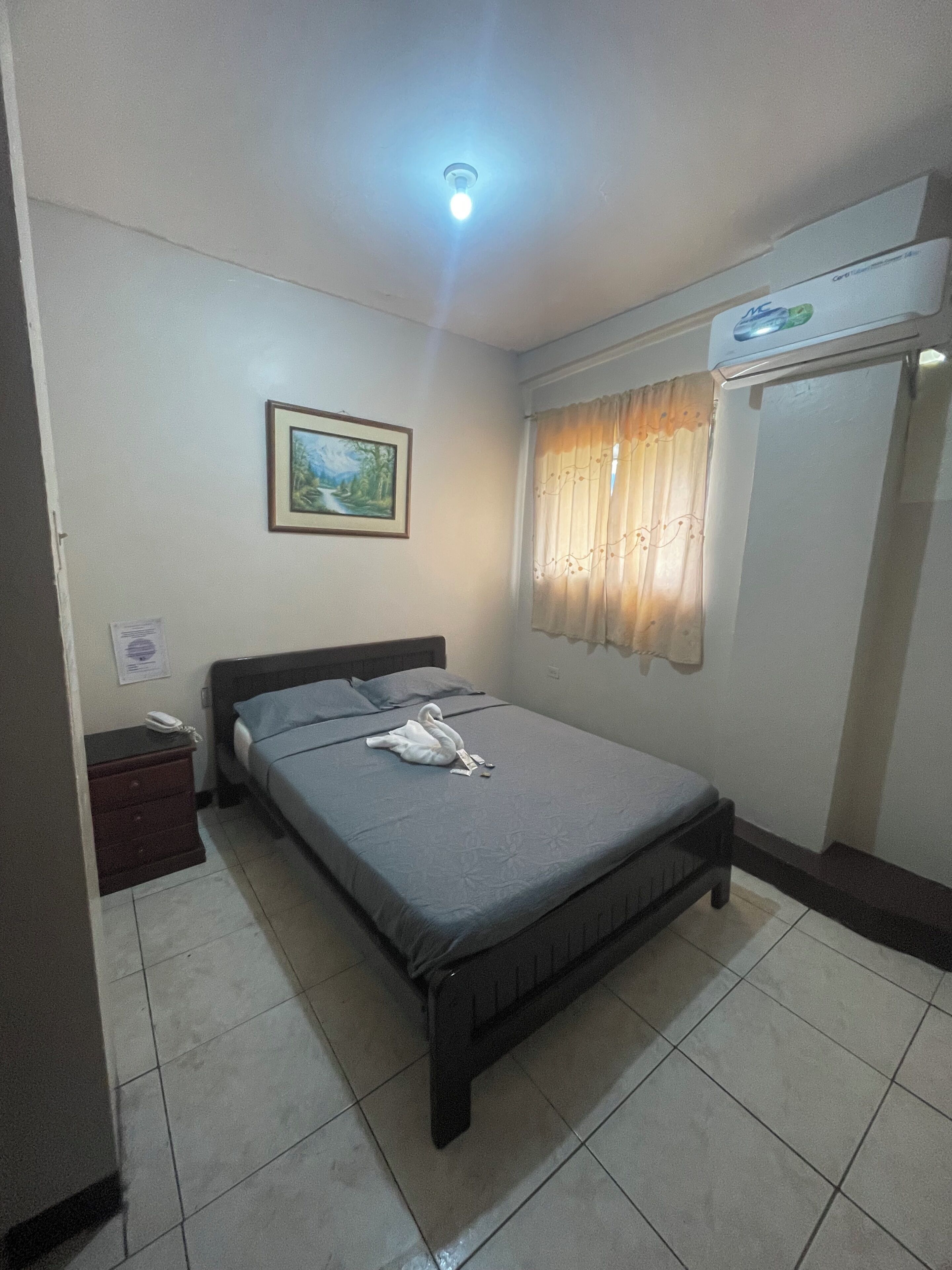 A bedroom with a bed, a nightstand, a wardrobe, a painting on the wall, and a ceiling light.