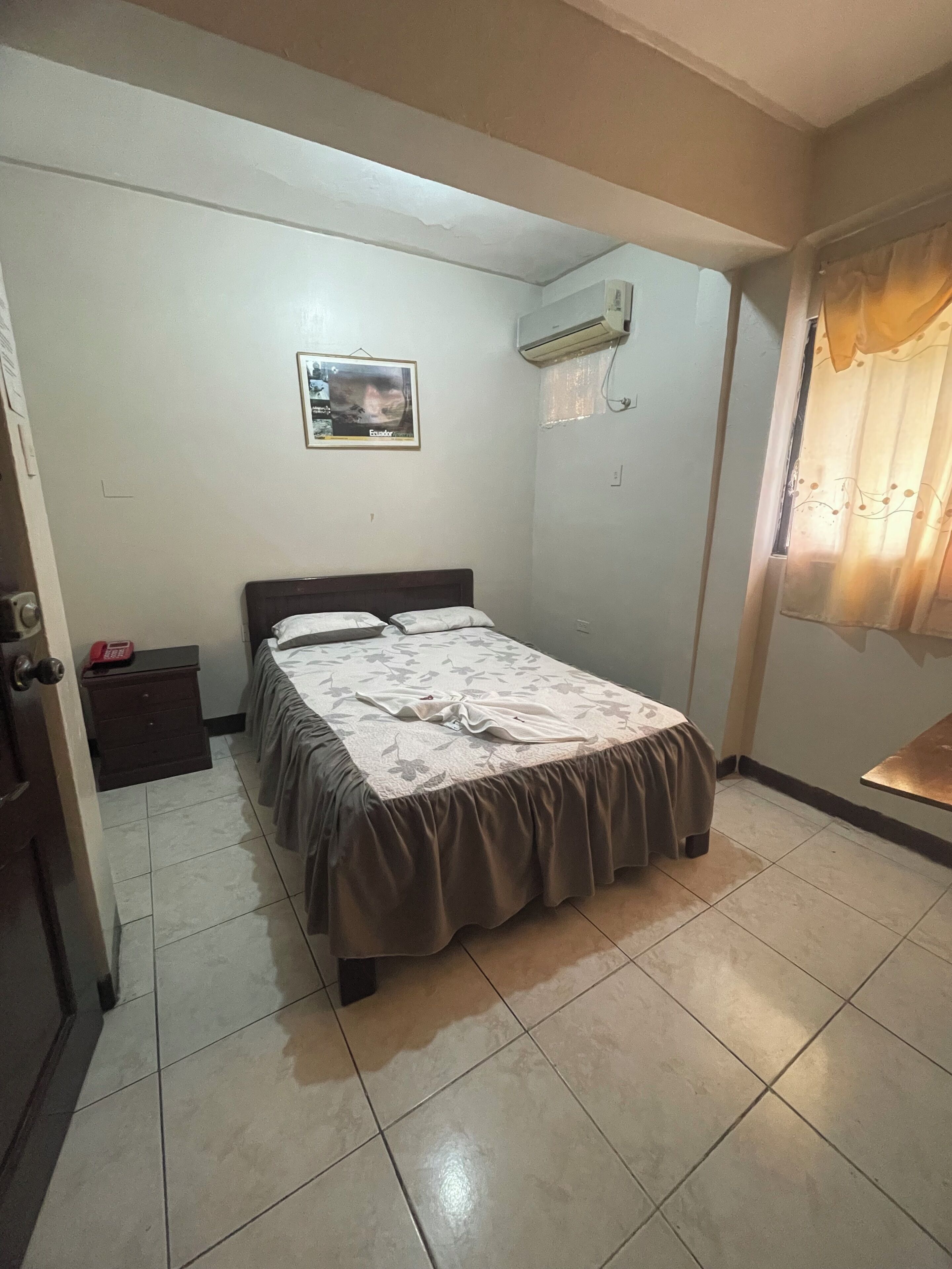 A bedroom with a bed, a nightstand, an air conditioning unit, and a wall-mounted picture.