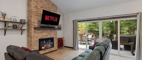 TV, fireplace, foosball