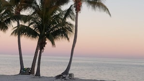 Ein Strand mit drei Palmen und einem ruhigen Meer bei Sonnenuntergang.