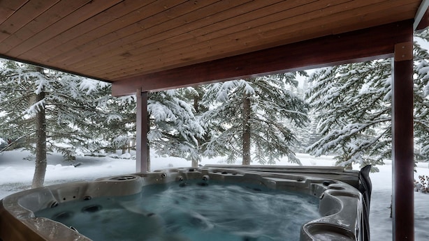 Een hottub onder een houten overkapping, met besneeuwde bomen op de achtergrond.