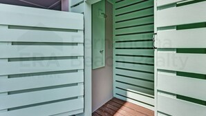A narrow entryway with a wooden floor leading to a room with a green door and white sliding shutters.