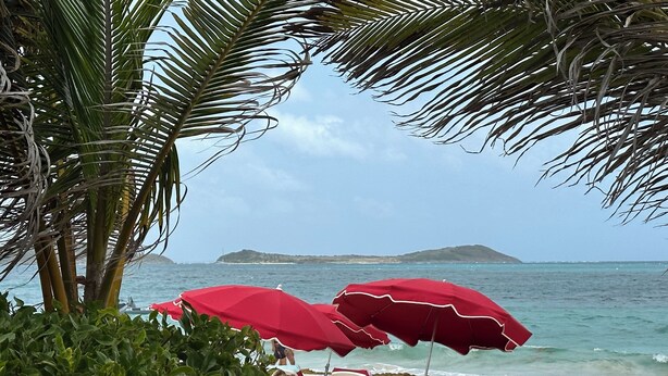 Una playa con sillas de descanso y sombrillas rojas, palmeras y vistas al mar y a islas distantes.