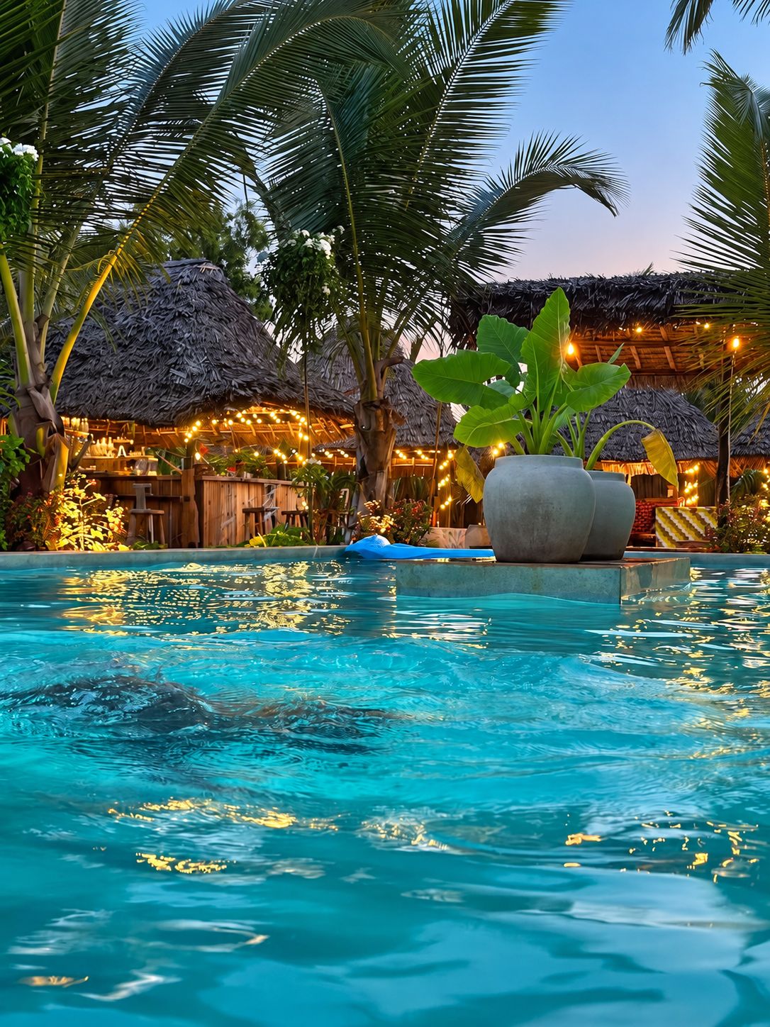 A pool with clear water, surrounded by palm trees and thatched-roof structures.