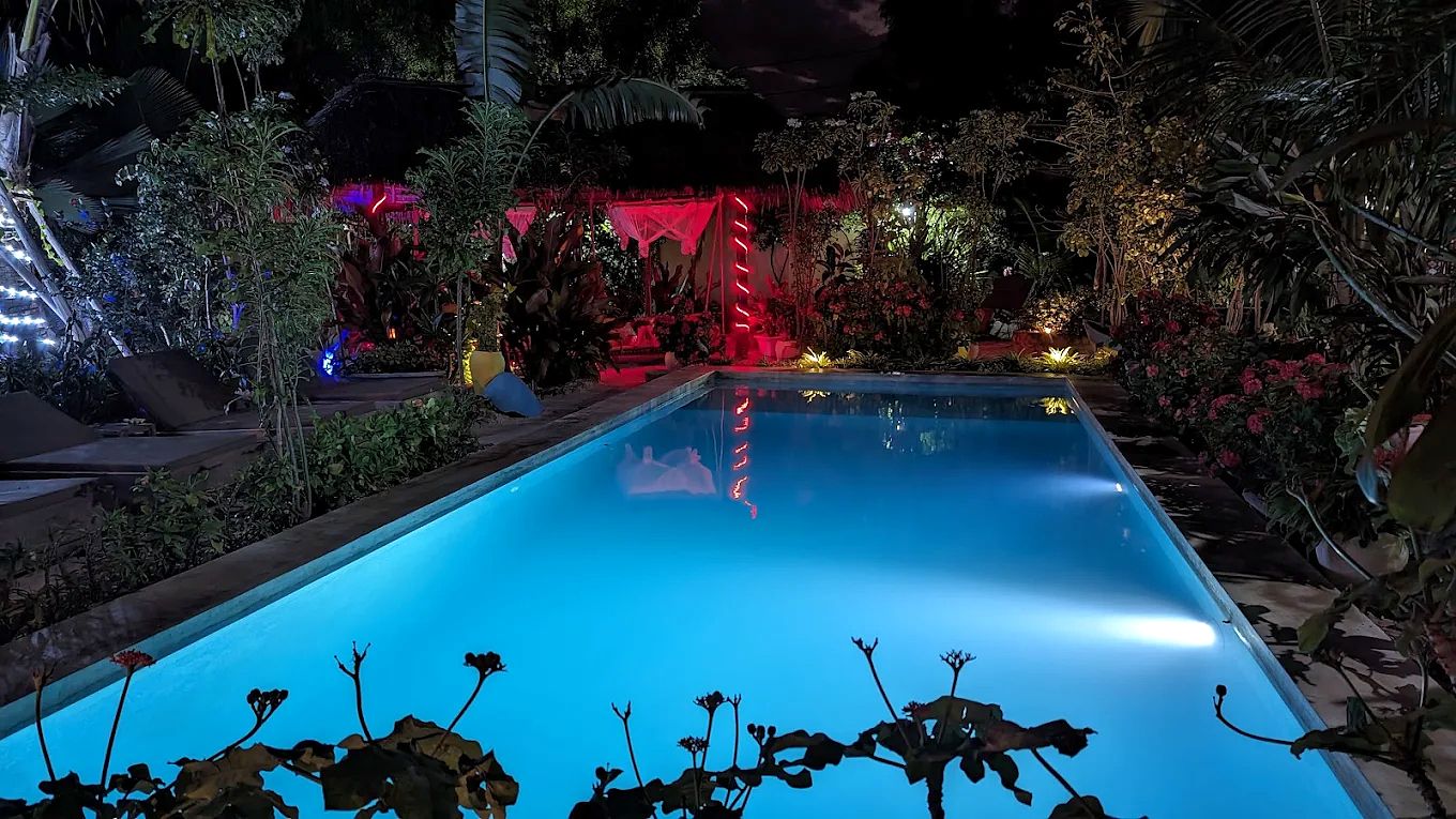 A swimming pool surrounded by lush greenery and red ambient lighting.