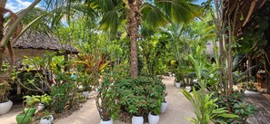 Een tropische tuin met verschillende plantenpotten en een constructie met rieten dak.