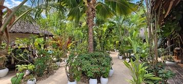 Un jardín tropical con diversas plantas en macetas y una estructura con techo de paja.