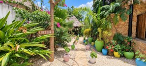 Um caminho no jardim leva a uma construção com telhado de palha, rodeada por diversas plantas em vasos e vegetação.