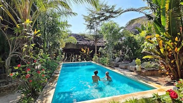 A swimming pool surrounded by lush greenery and tropical plants.