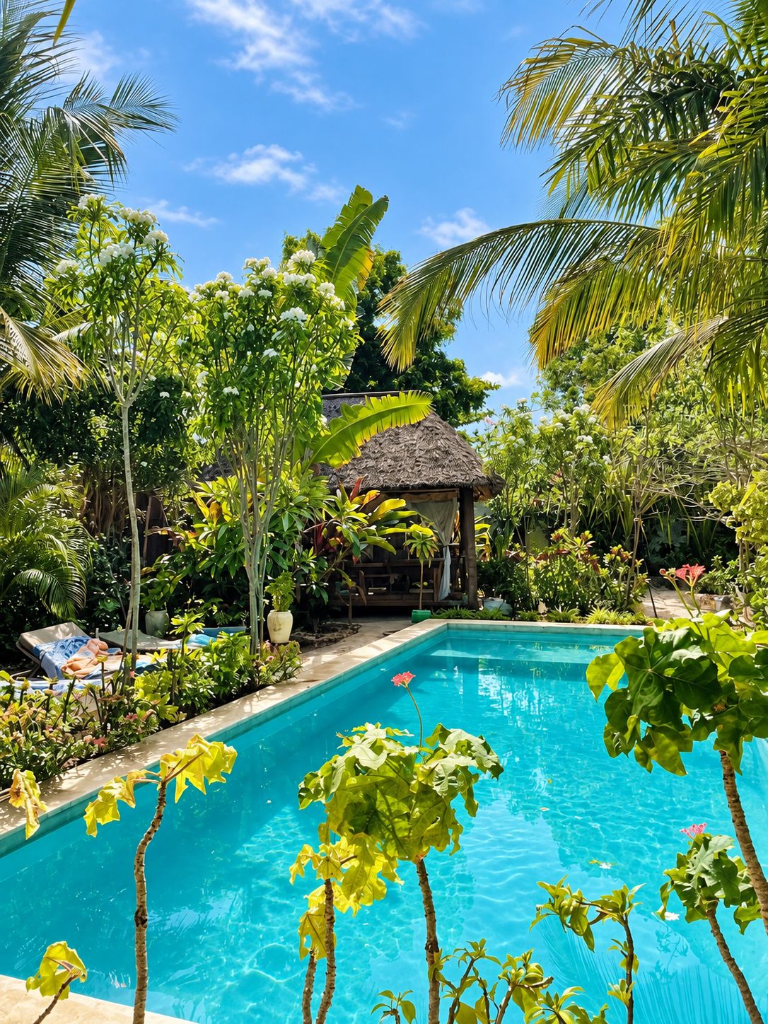 A clear blue pool surrounded by lush greenery and a thatched-roof structure.