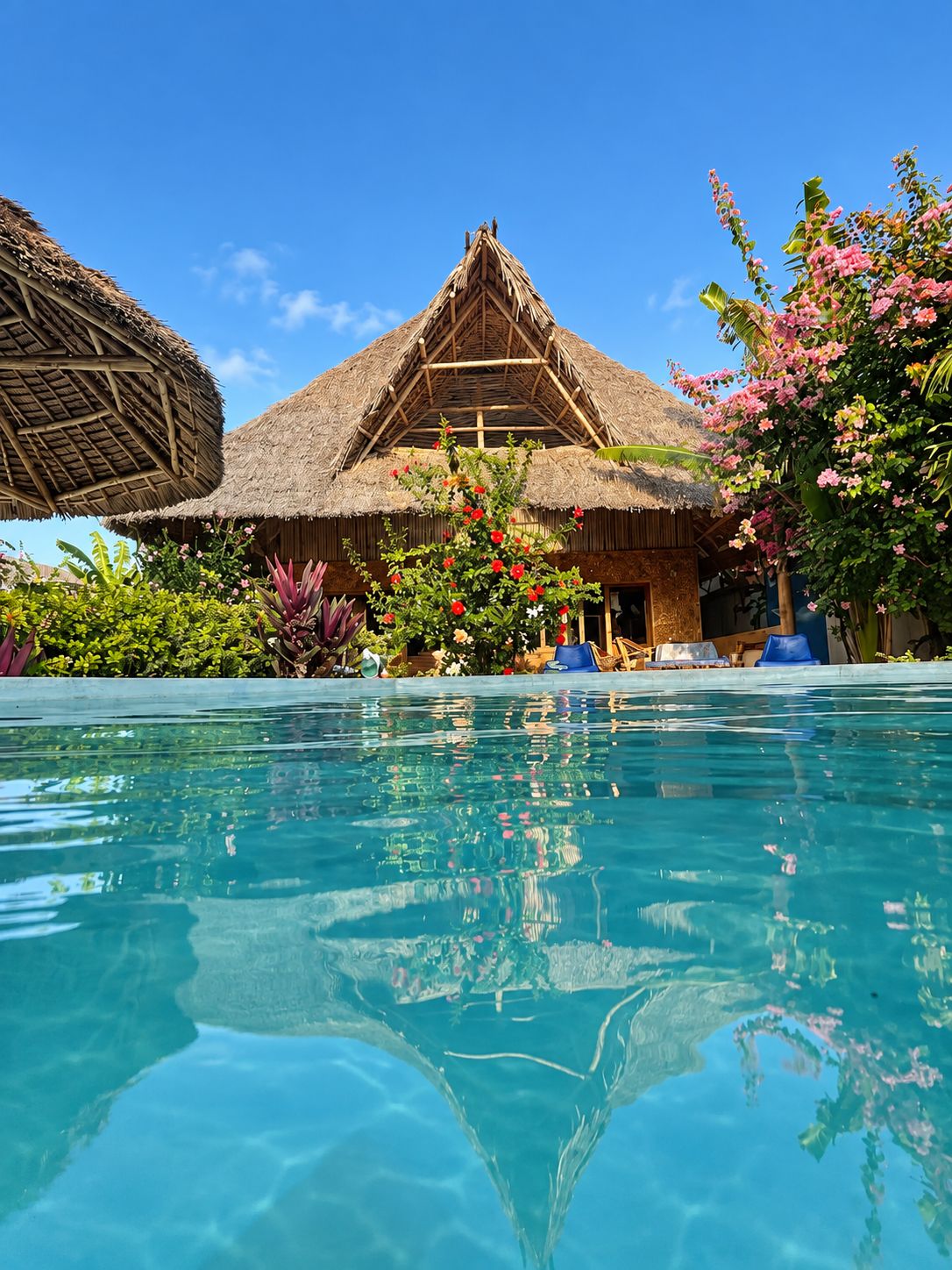 A clear swimming pool with a thatched-roof building and lush tropical vegetation in the background.