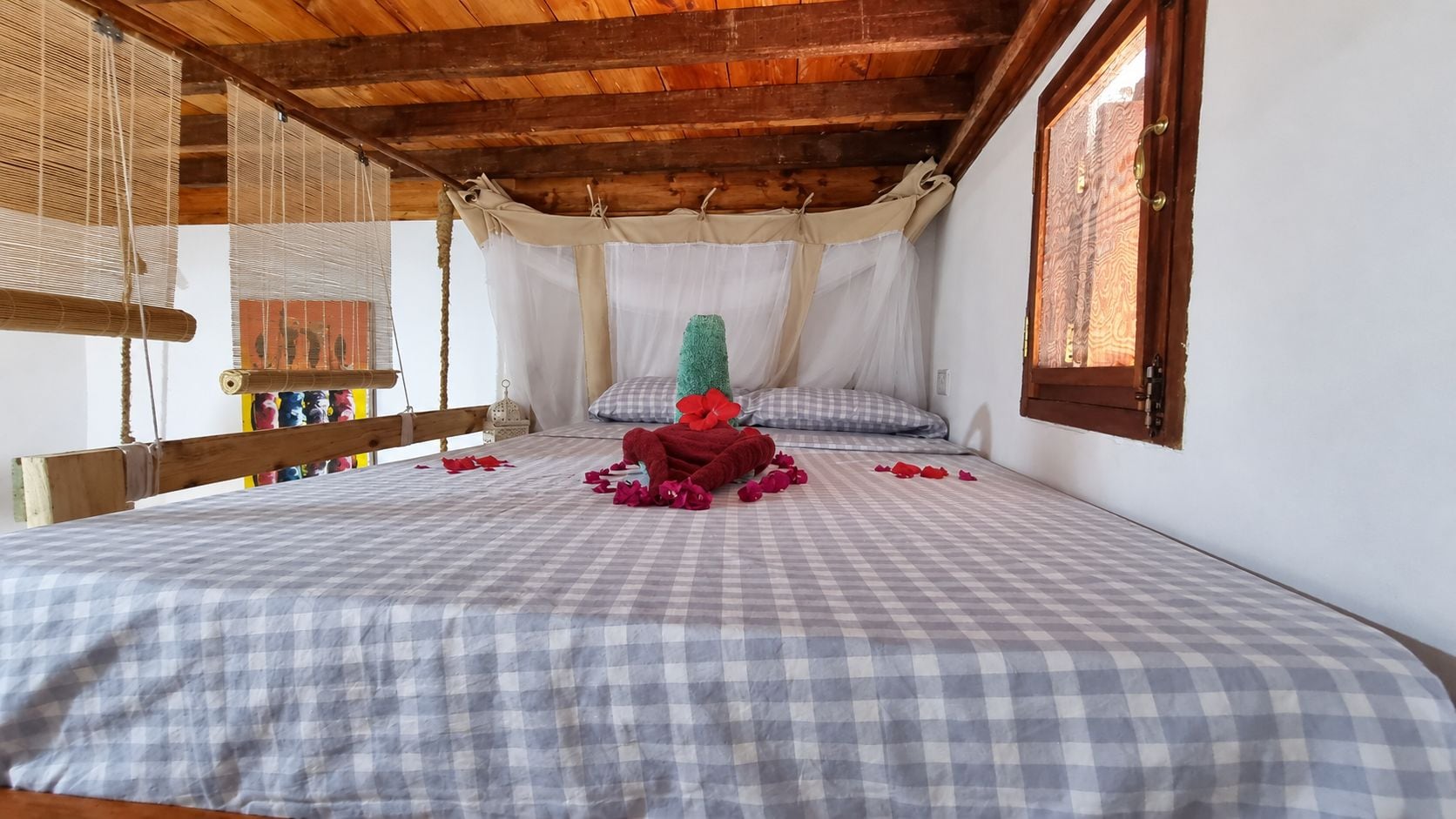 A room with a checkered bedspread, a green decorative item on the bed, and a window with a wooden frame.