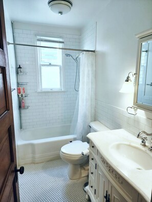 Bidet, towels, soap, shampoo