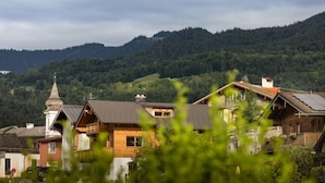Un pittoresco villaggio rurale con case in legno tradizionali, una chiesa e una collina boscosa sullo sfondo.