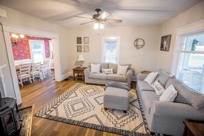 Smart TV, fireplace, foosball, books