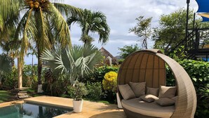 A poolside area with a wicker swing chair, a small potted plant, and a clear pool. - Villa Elysian Beachfront Luna Studio Sleeps 4 (Provincia de Guanacaste)