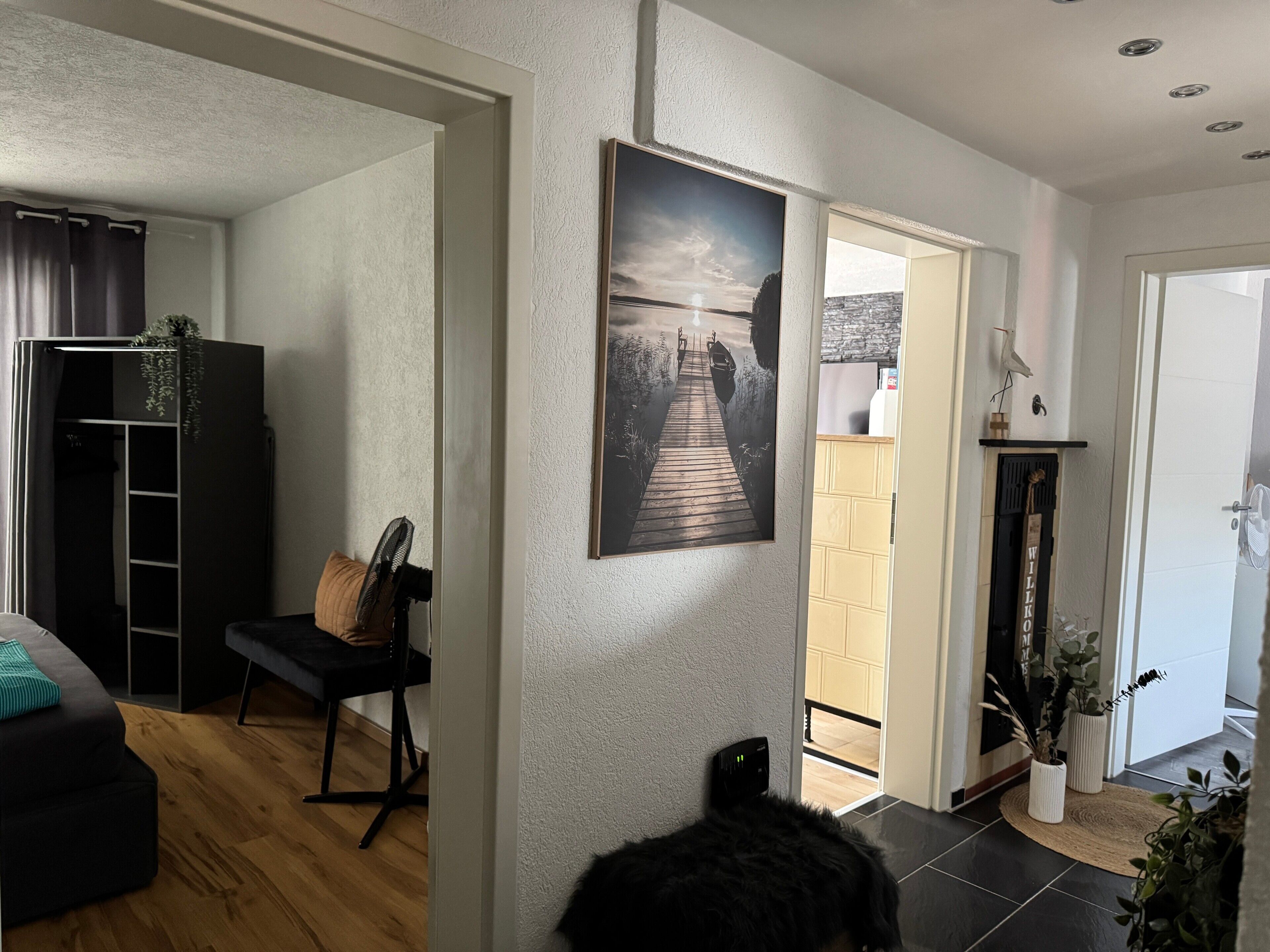 A modern living room with a sofa, a chair, a black cabinet, and a framed picture on the wall.