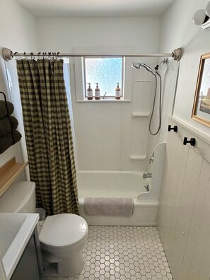 Hair dryer, towels, soap, shampoo