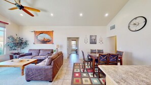 Smart TV, fireplace, DVD player