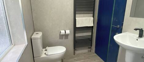 A bathroom with a toilet, a towel rack, a sink, and a glass partition.