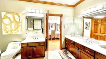 Shower, jetted tub, hair dryer, bidet