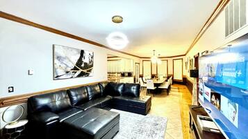 Smart TV, fireplace, foosball, table tennis