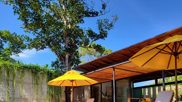 A pool area with lounge chairs and umbrellas, surrounded by trees and a wooden pergola. - Villa Alba (Ahangama)