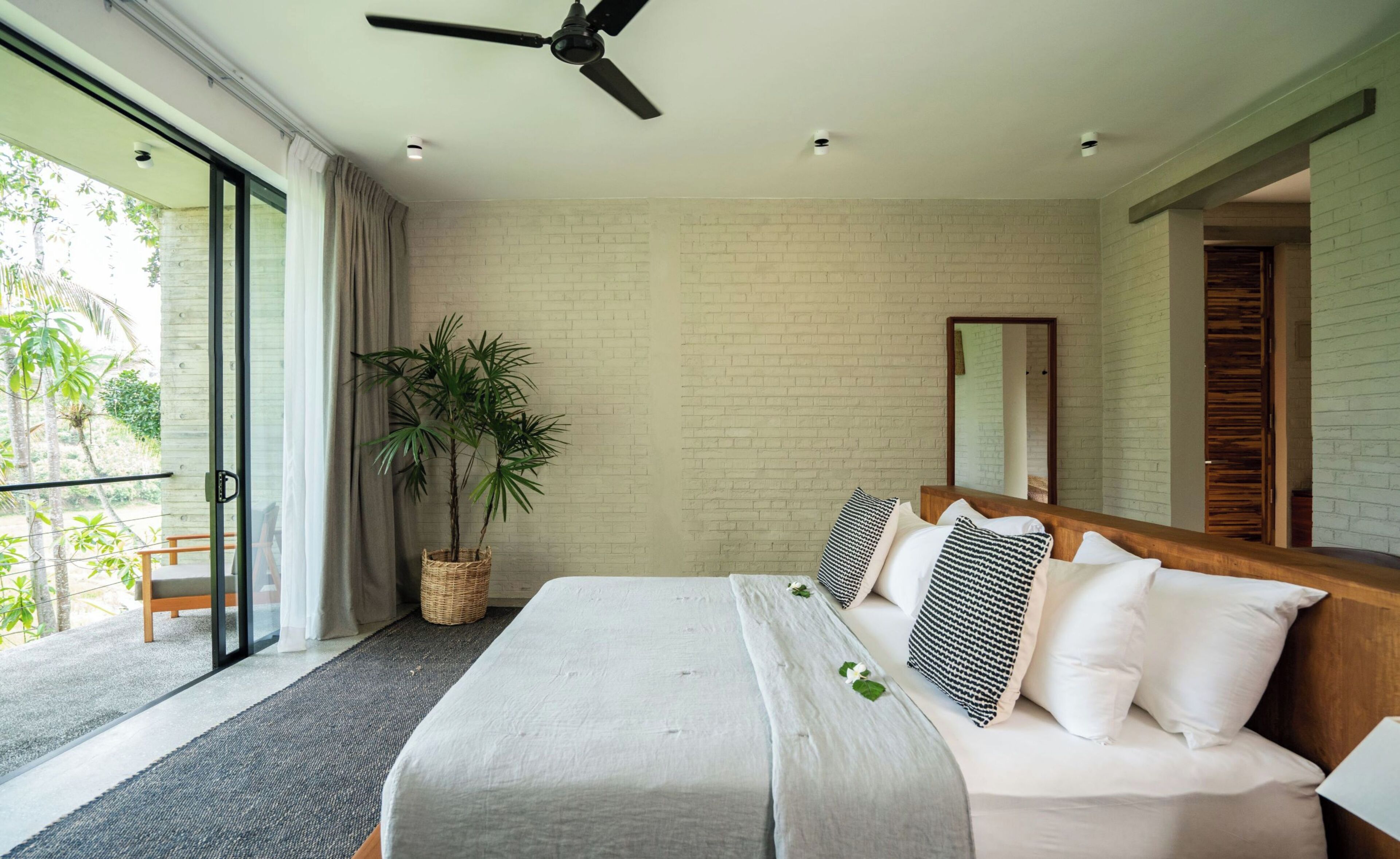 A modern bedroom with a large bed, a ceiling fan, a potted plant, and a view of greenery outside.