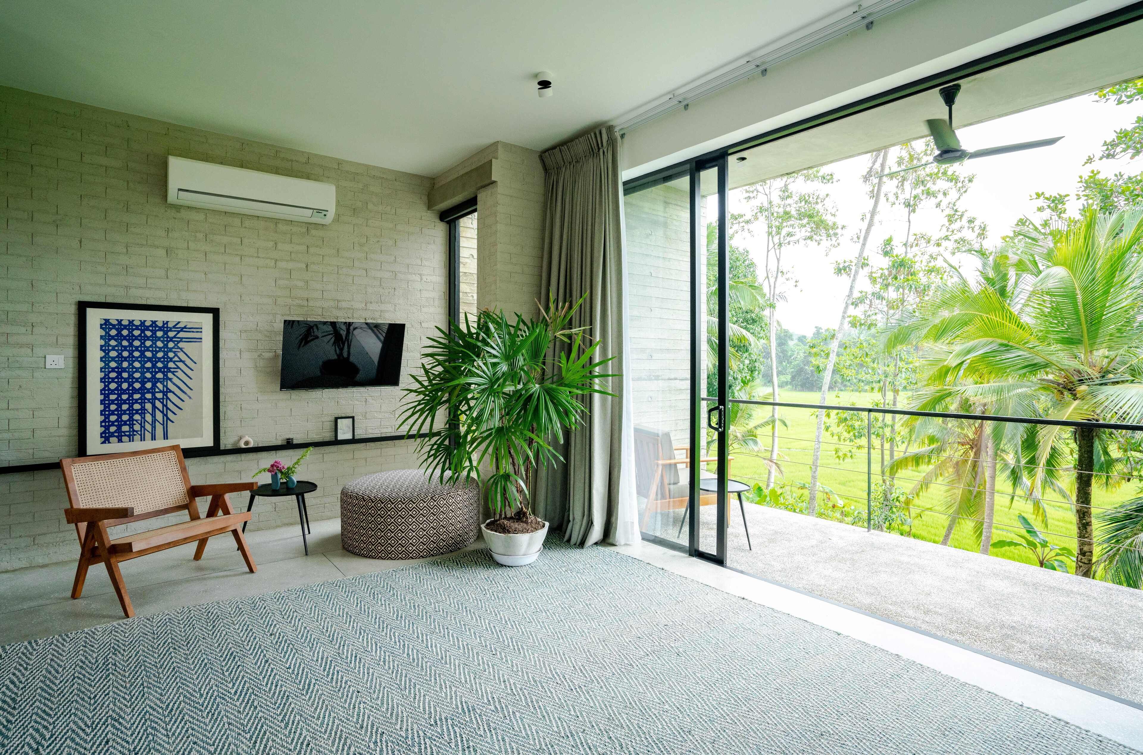 A modern living room with a large window, a flat-screen TV, a wooden bench, a potted plant, and a patterned rug.