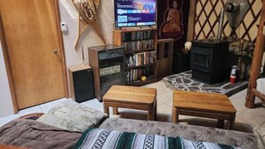 Tunnelmallinen olohuone, jossa on puuovi, kirjahylly, televisio, Buddha-patsas ja takka.