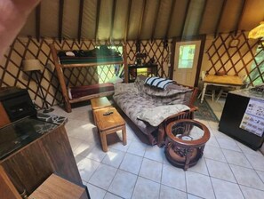 Smart TV, fireplace, DVD player, books