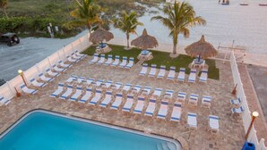A pool area with lounge chairs and umbrellas, surrounded by a white fence, with a view of the sea and palm trees.