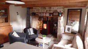 Télévision, cheminée, lecteur de DVD, livres