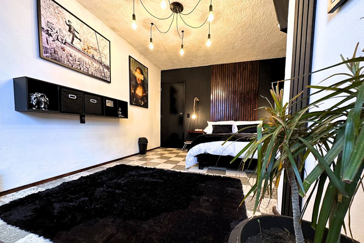 A modern bedroom with a black shag rug, a bed with white and black bedding, a potted plant, and artwork on the walls.