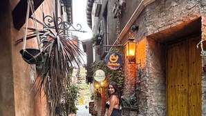 Un estrecho callejón adoquinado con edificios de piedra rústica, plantas colgantes y una puerta de madera.